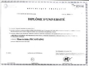 Le Diplôme de Photobiomodulation obtenu par Sandra à l'université de Montpellier